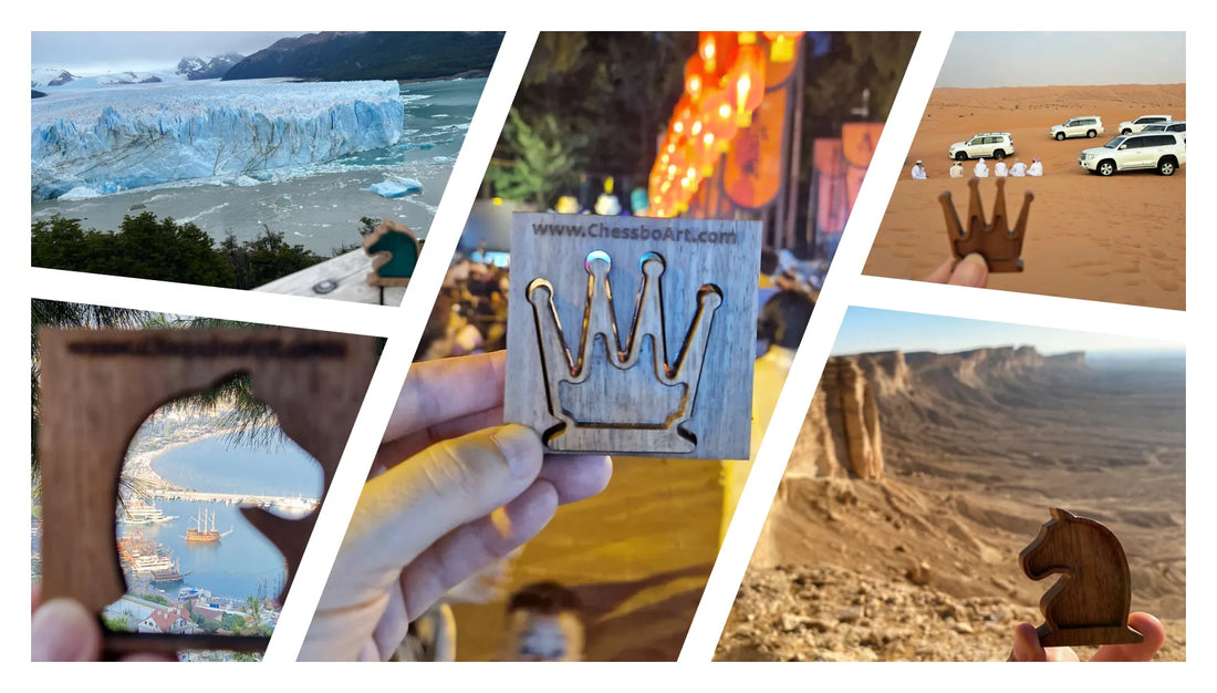 ChessboArt chess pieces pictured in diverse global settings including glaciers, deserts, and cityscapes