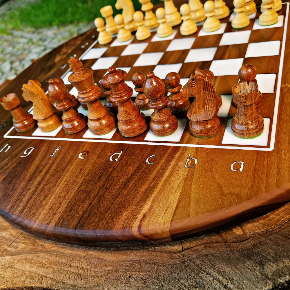 The only round chessboard, made of walnut and white resin, diameter size: 48 cm