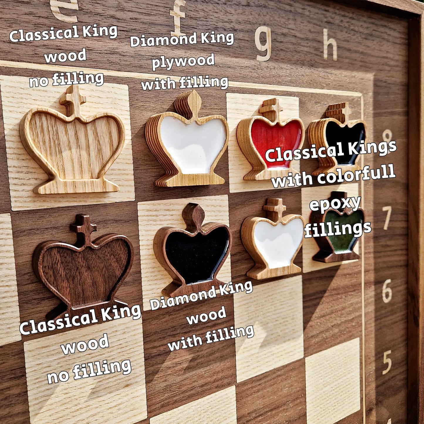 8 different Chess Kings with description of filling and wood