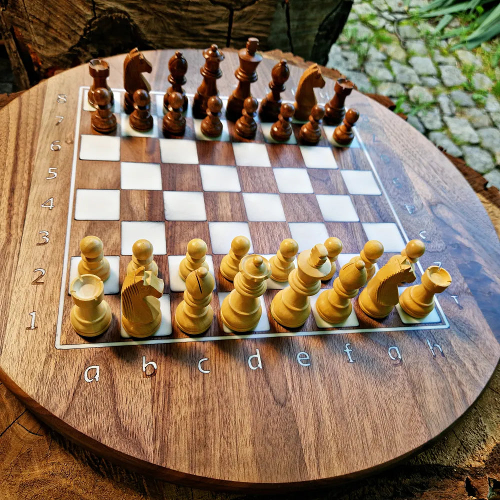 The only round chessboard, made of walnut and white resin, diameter size: 48 cm