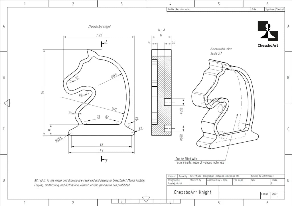 Technical drawing of a magnetic chess knight from ChessboArt. Sketch