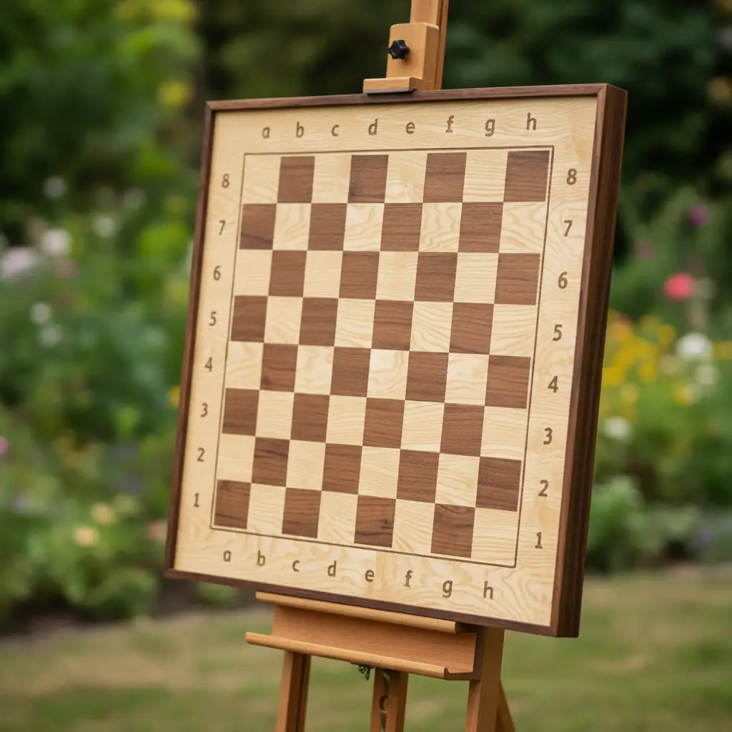 Outdoor display of ChessboArt wall chess board in light ash wood, set on an easel.