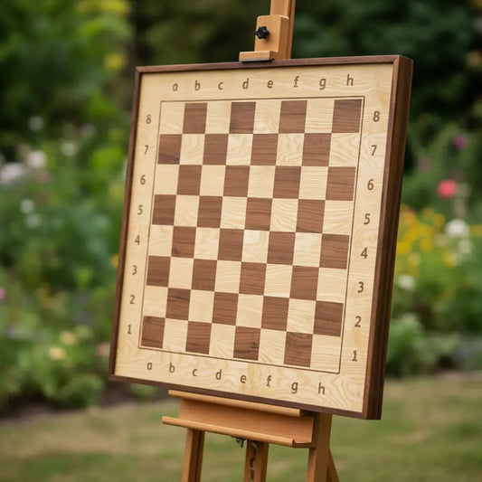 Outdoor display of ChessboArt wall chess board in light ash wood, set on an easel.