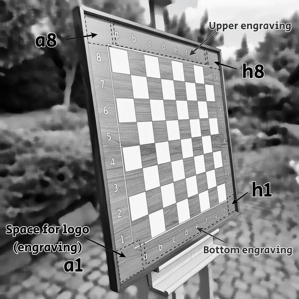 Personalization options for ChessboArt wall board: Upper, Bottom, and Logo engraving locations shown on the frame.