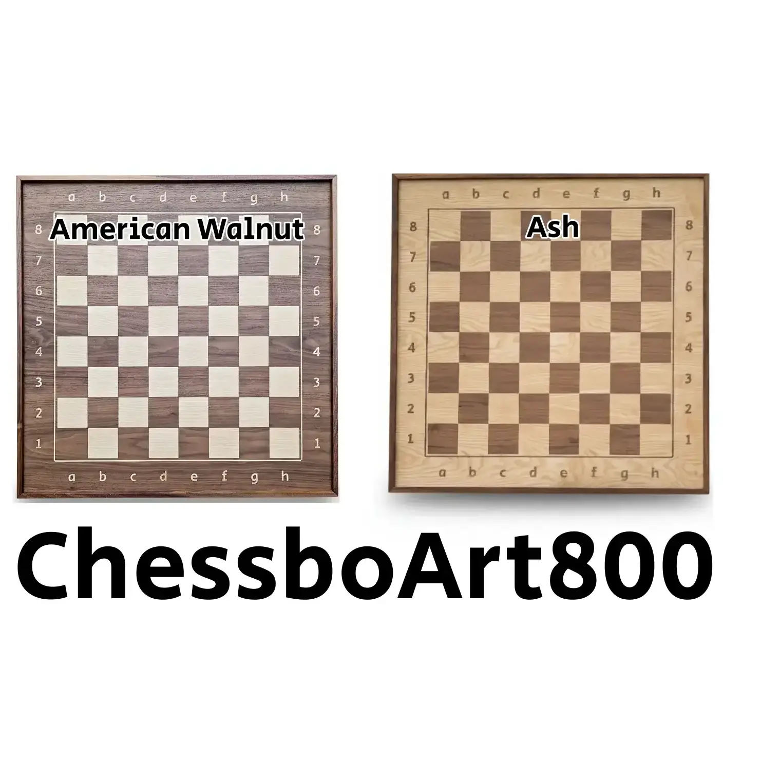 ChessboArt800 wall board material options: comparison of American Walnut (dark) and Ash wood (light) finishes.