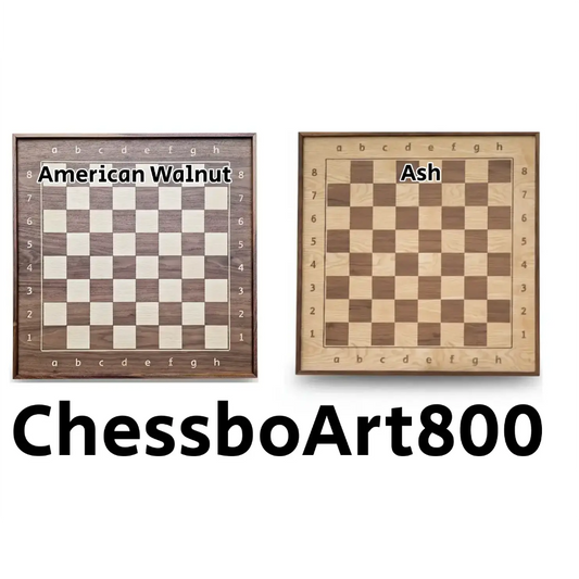 ChessboArt800 wall board material options: comparison of American Walnut (dark) and Ash wood (light) finishes.