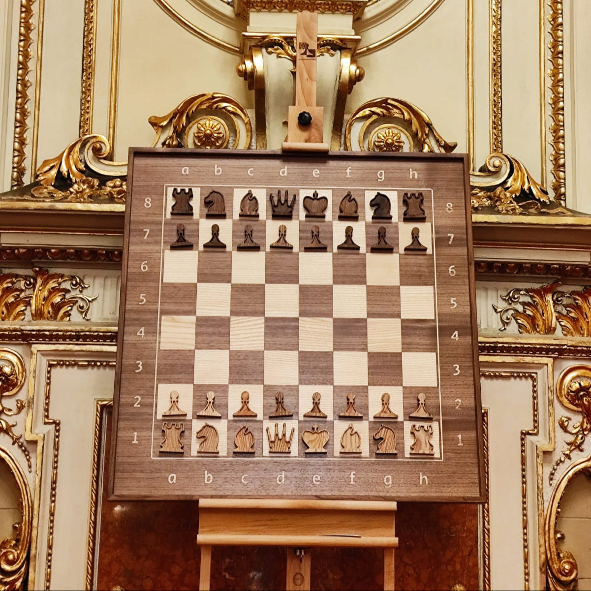 ChessboArt 800 - American Walnut - dark border. Luxury chess set for hanging on the wall.