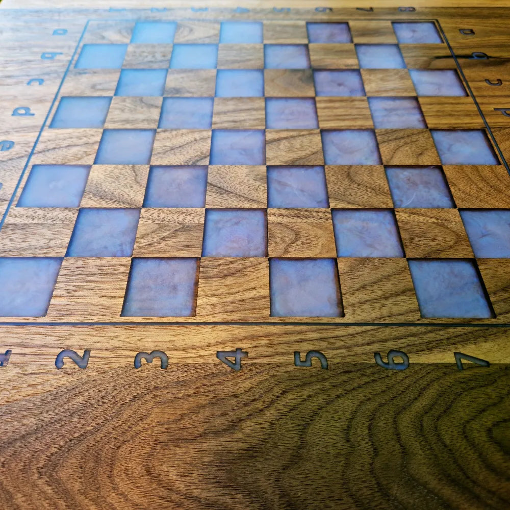 American Walnut Chessboard with blue resin square Handmade Art