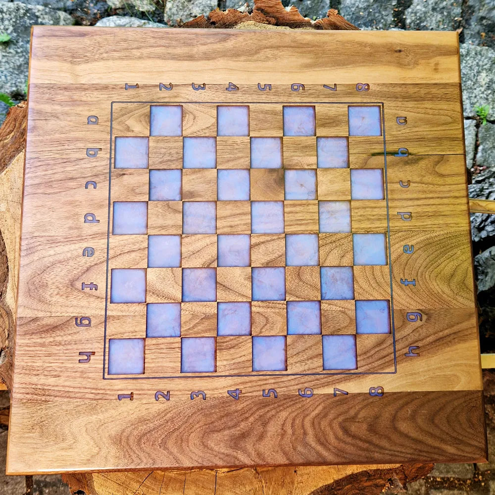 American Walnut Chessboard with blue resin square Handmade Art