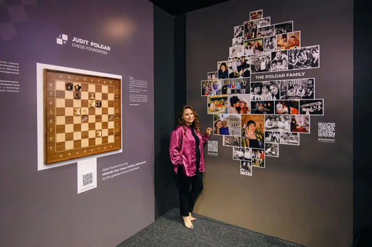 Close-up: Judit Polgar autograph on ChessboArt800 (American walnut) — Budapest 2024