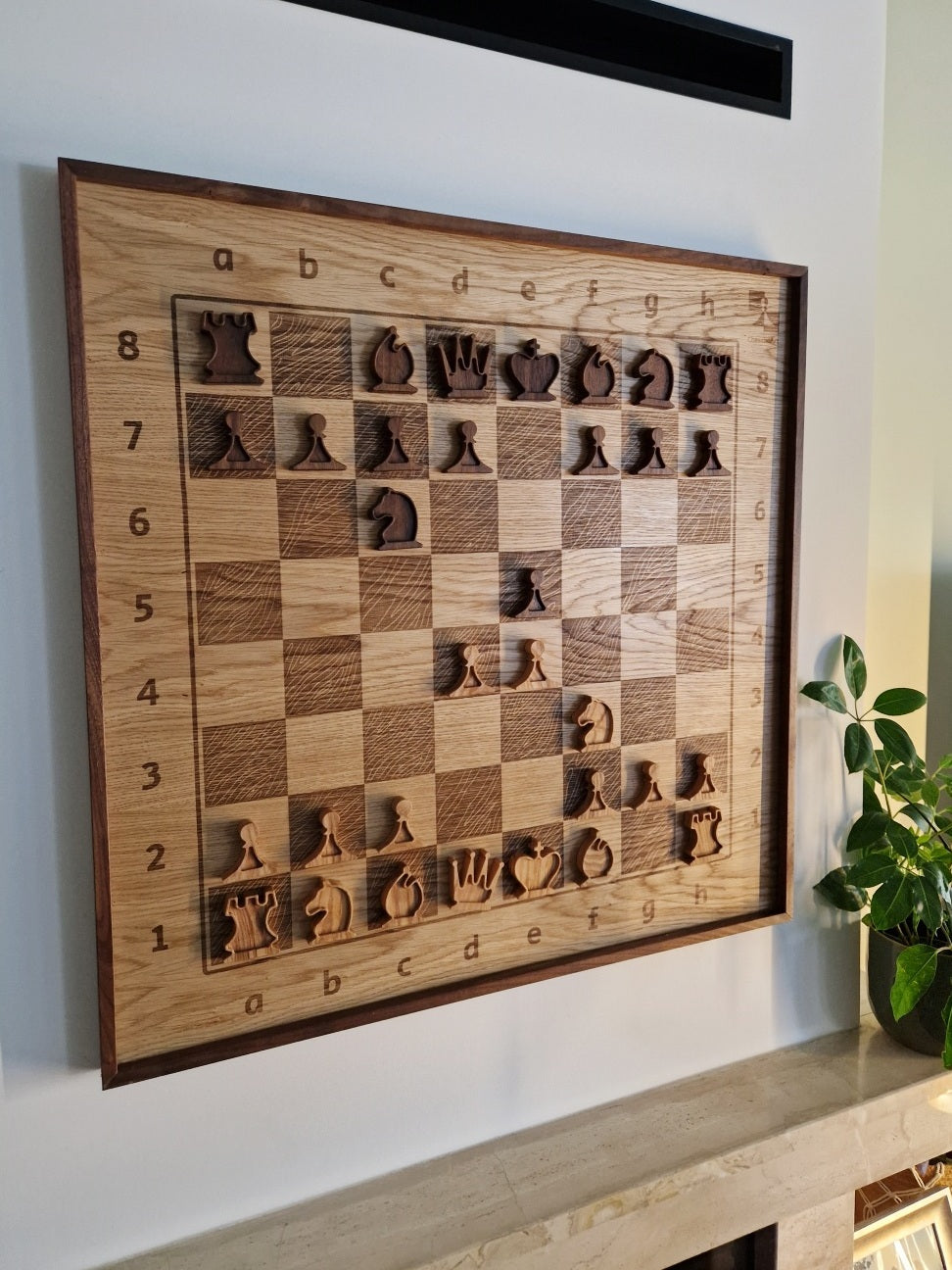 Large hanging chess board with magnets -example with wooden chess pieces
