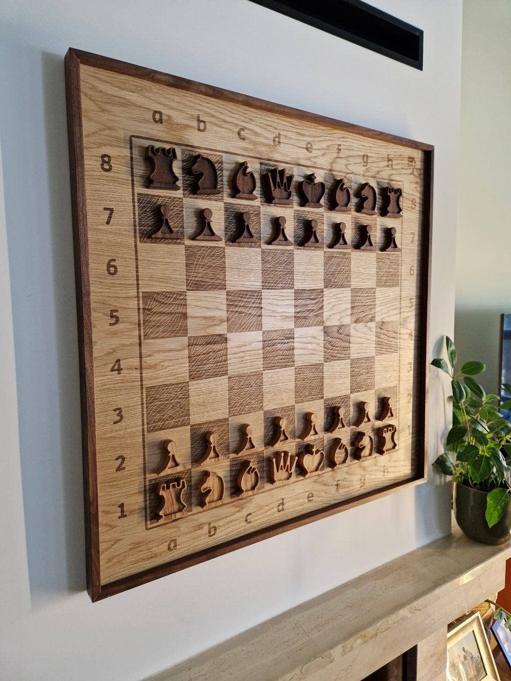 Large wall-hanging chess board with magnets -example with wooden chess pieces
