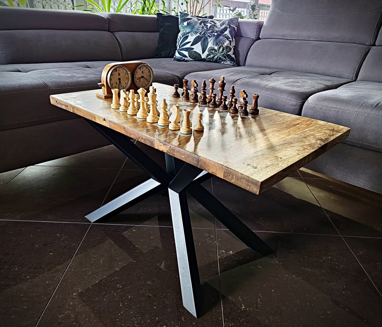 Mango small loft chess table with white epoxy