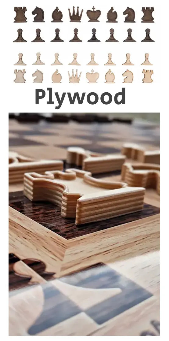 Close-up detail of Plywood magnetic chess pieces. Layers of the high-grade plywood material on a vertical board.