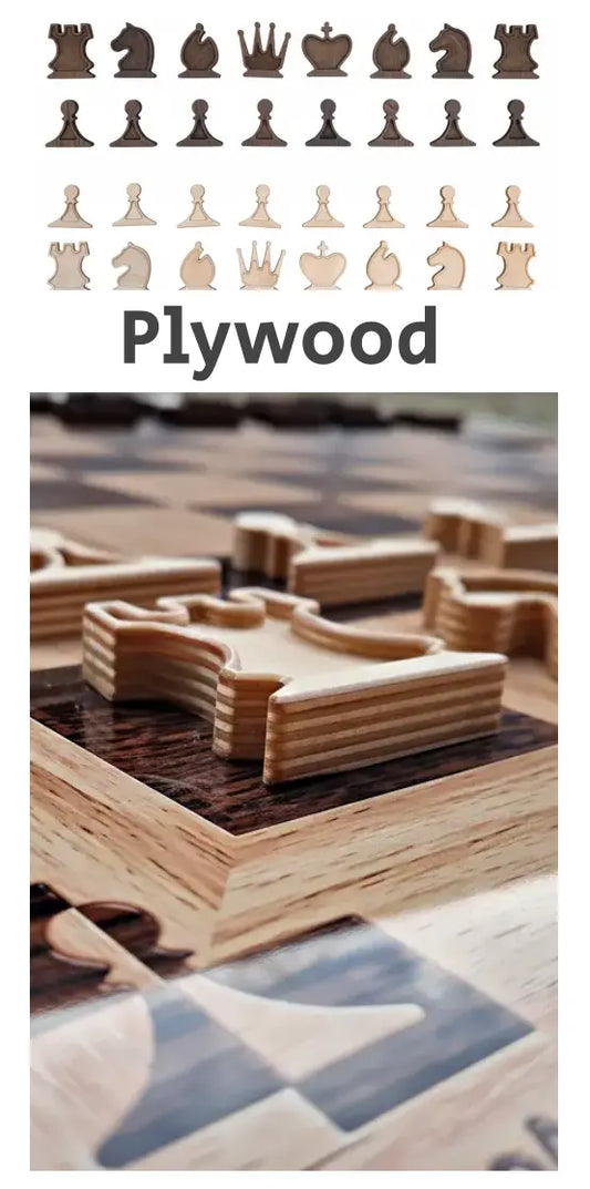 Close-up detail of Plywood magnetic chess pieces. Layers of the high-grade plywood material on a vertical board.