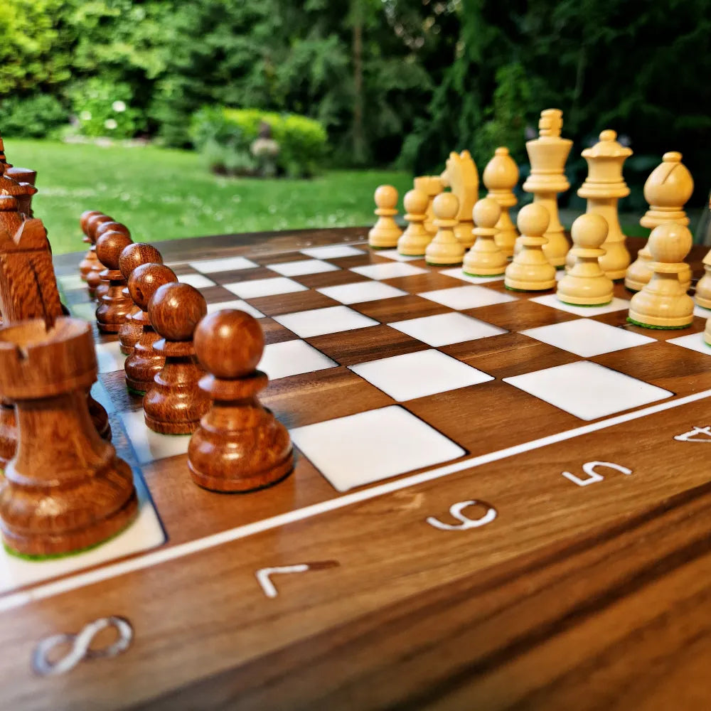 The only round chessboard, made of walnut and white resin, diameter size: 48 cm
