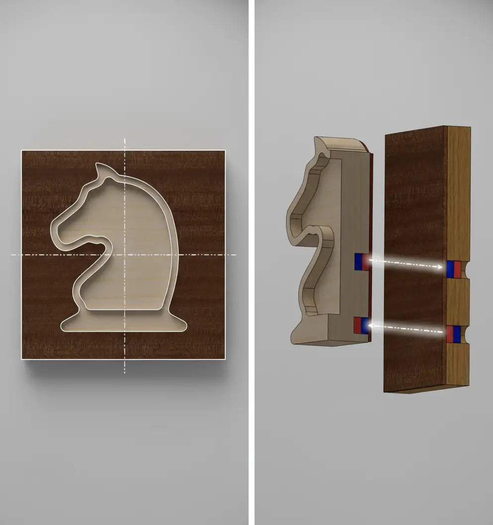 Cross-section diagram showing the internal dual-magnet system in a wooden chess piece that ensures vertical stability and self-centering