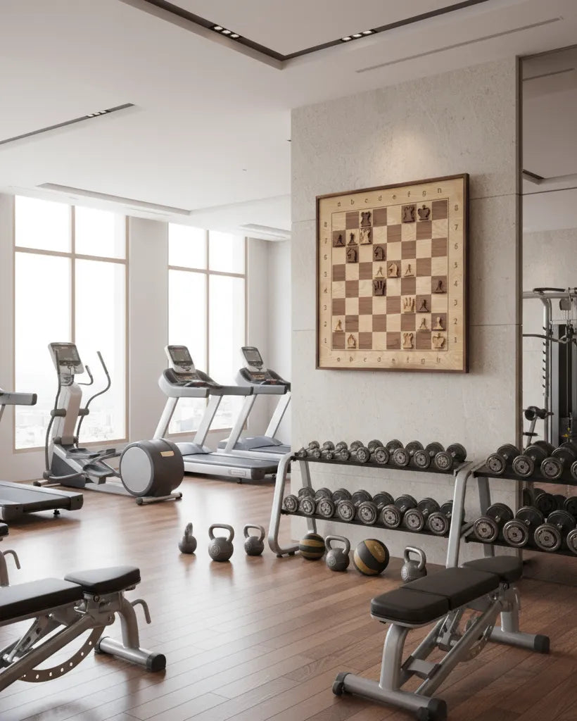 A wooden chessboard placed among cardio machines in a gym, illustrating the metaphor that rapid app puzzles build endurance, not true chess calculation strength.