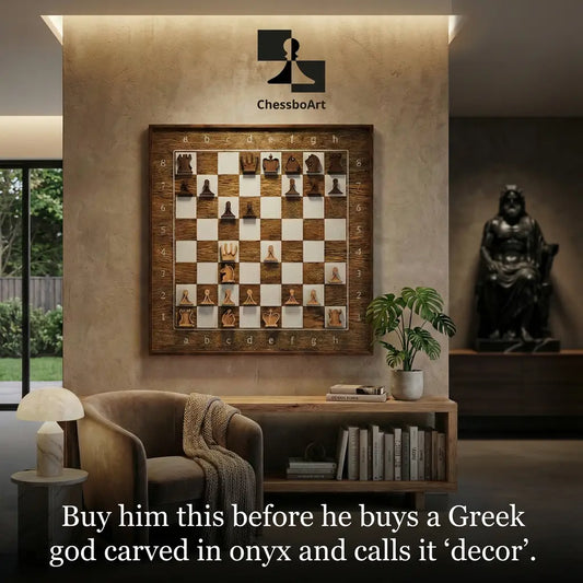 Vertical wall-mounted chess board displayed as modern functional art in a contemporary interior