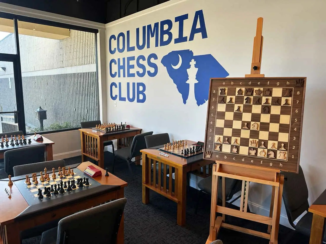 Large wooden wall chessboard in Columbia Chess Club hall, USA