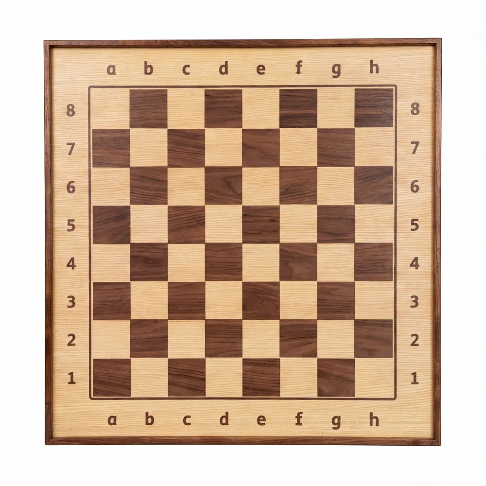 Artisanal top-down view of a natural ash wood ChessboArt800 vertical wall-mounted magnetic chessboard, emphasizing its elegant organic grain and minimalist design