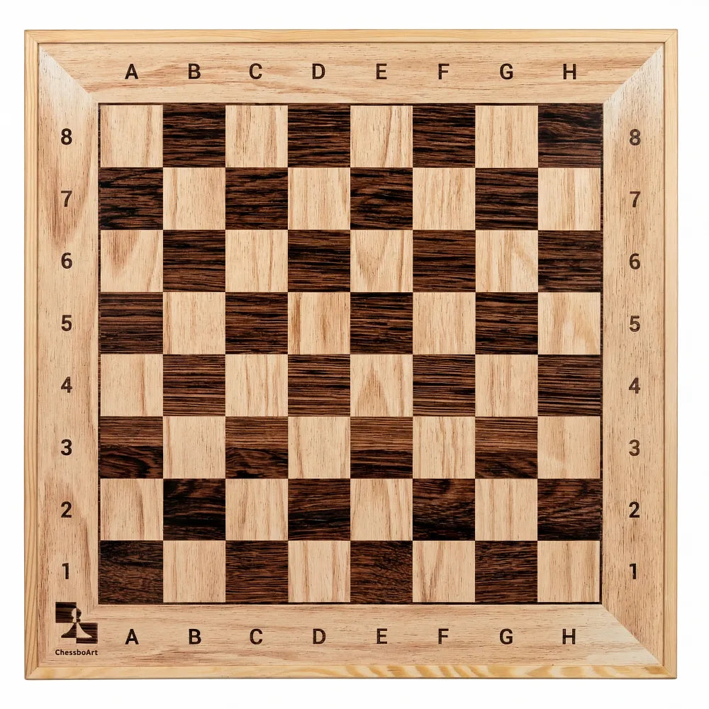 Professional frontal shot of ChessboArt800 ChessClub, a vertical wall-mounted magnetic chessboard crafted from premium natural and dark wood, featuring a classic checkerboard pattern and satin-matte finish on a pure white background.