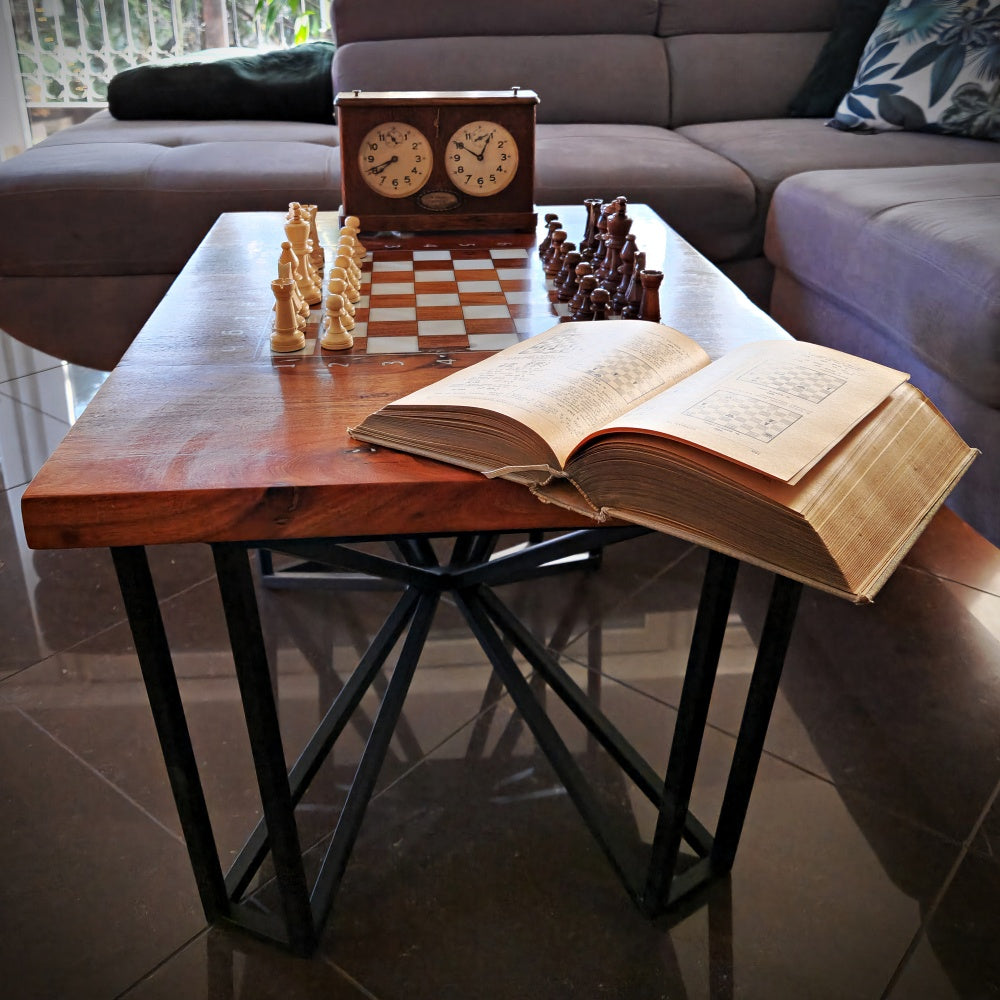 Acacia chess table with old chess clock