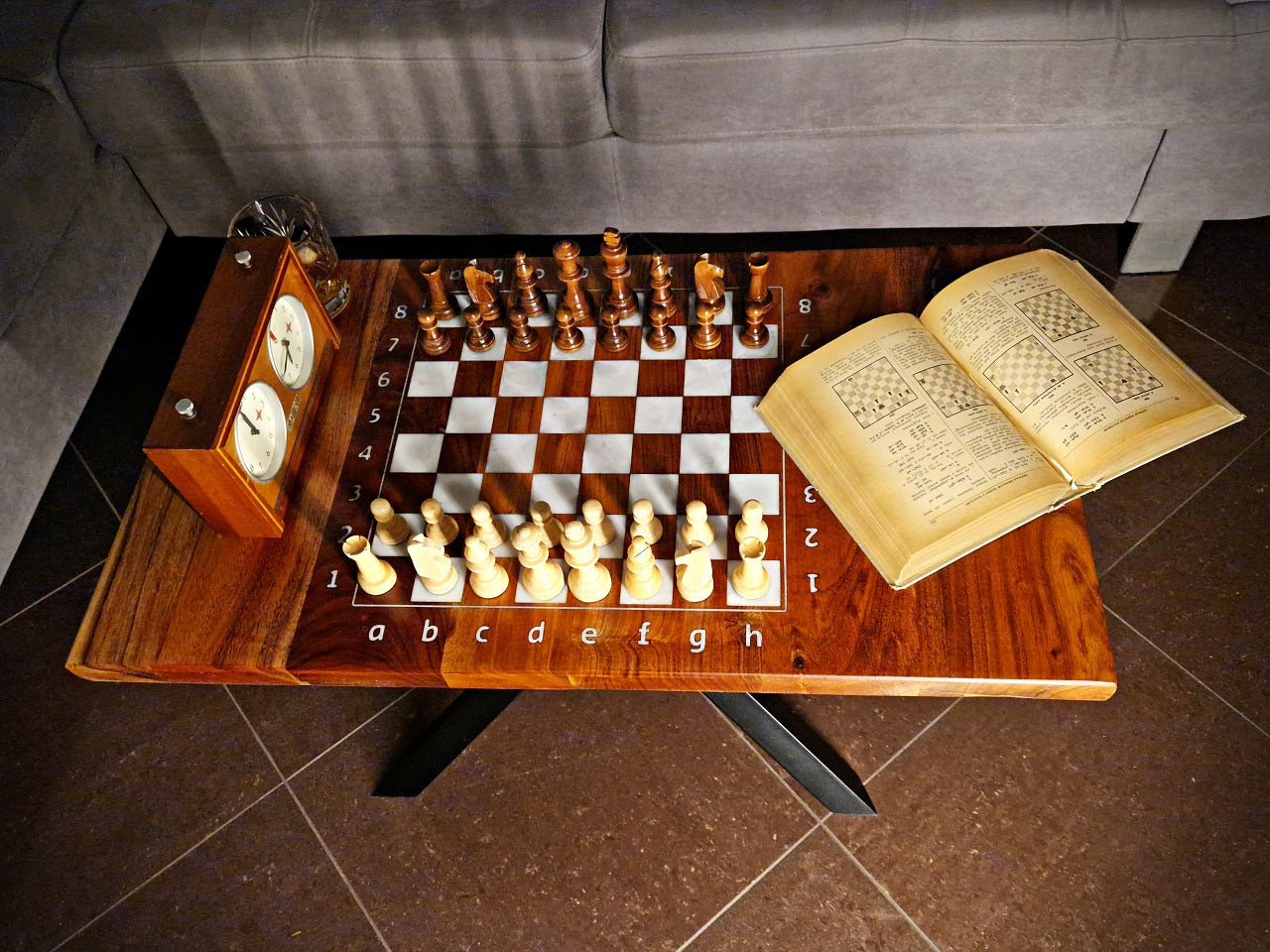 Acacia loft chess table with white epoxy