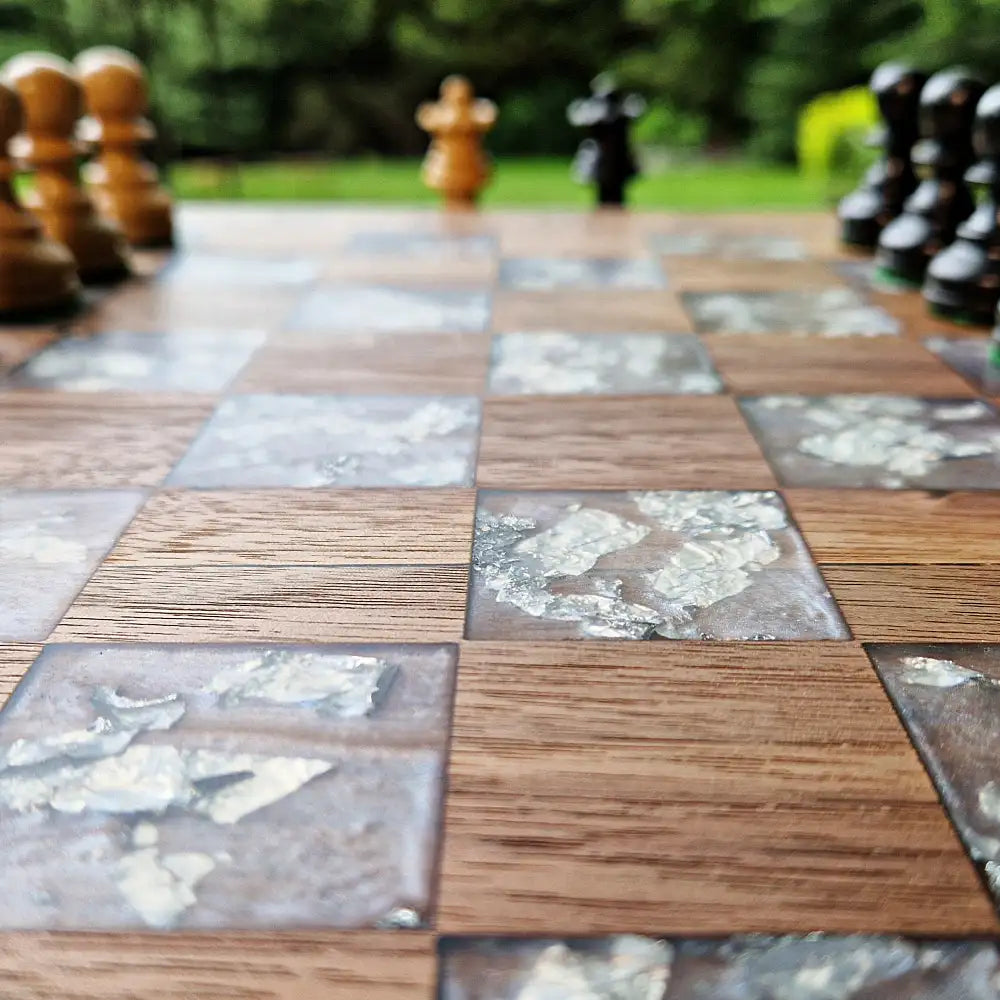 Handrafted Chessboard with epoxy silver leaf