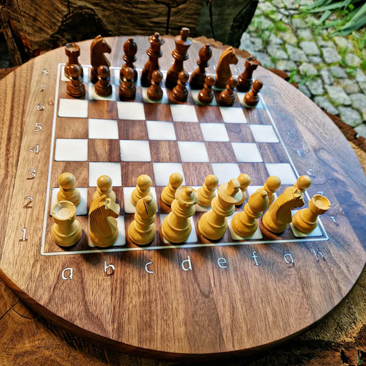 The only round chessboard, made of walnut and white resin, diameter size: 48 cm