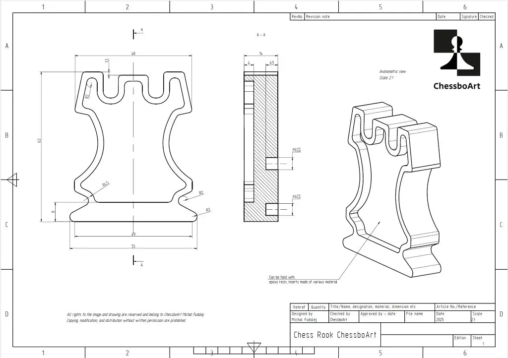 Technical drawing of a magnetic chess rook from ChessboArt. Sketch