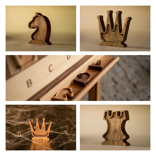 Curated set of five fine art chess photographs featuring handcrafted wooden chess pieces by Monika Burszczan