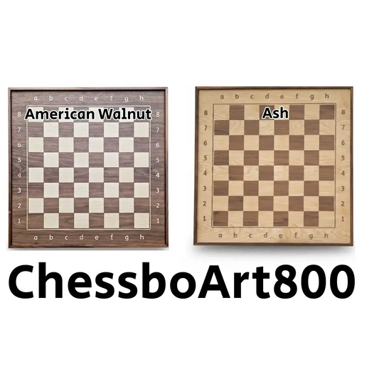 ChessboArt800 wall board material options: comparison of American Walnut (dark) and Ash wood (light) finishes.