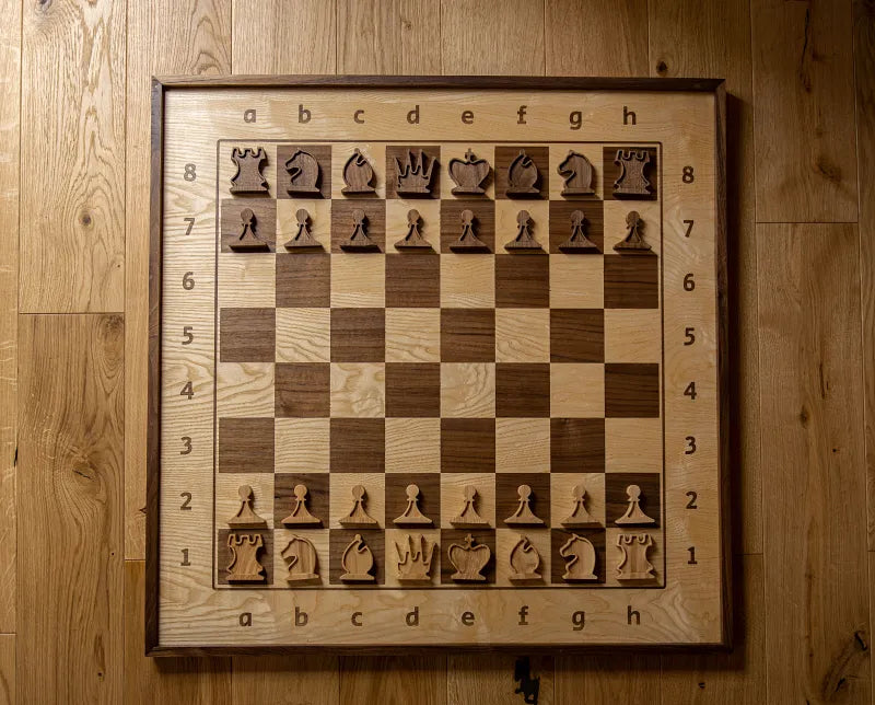Vertical chess board and chess pieces for wall hanging made by ChessboArt
