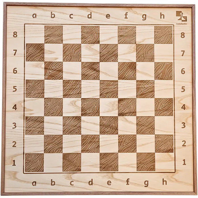 Handcrafted wooden chessboard with algebraic notation and the ChessboArt logo.