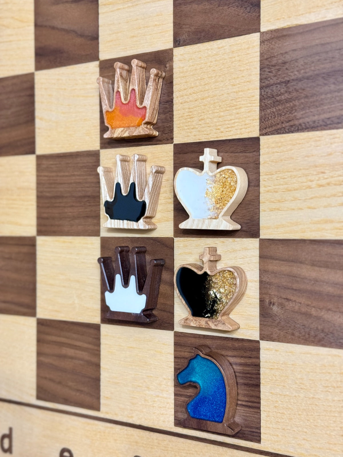 Hanging chess pieces with colorfull epoxy resin