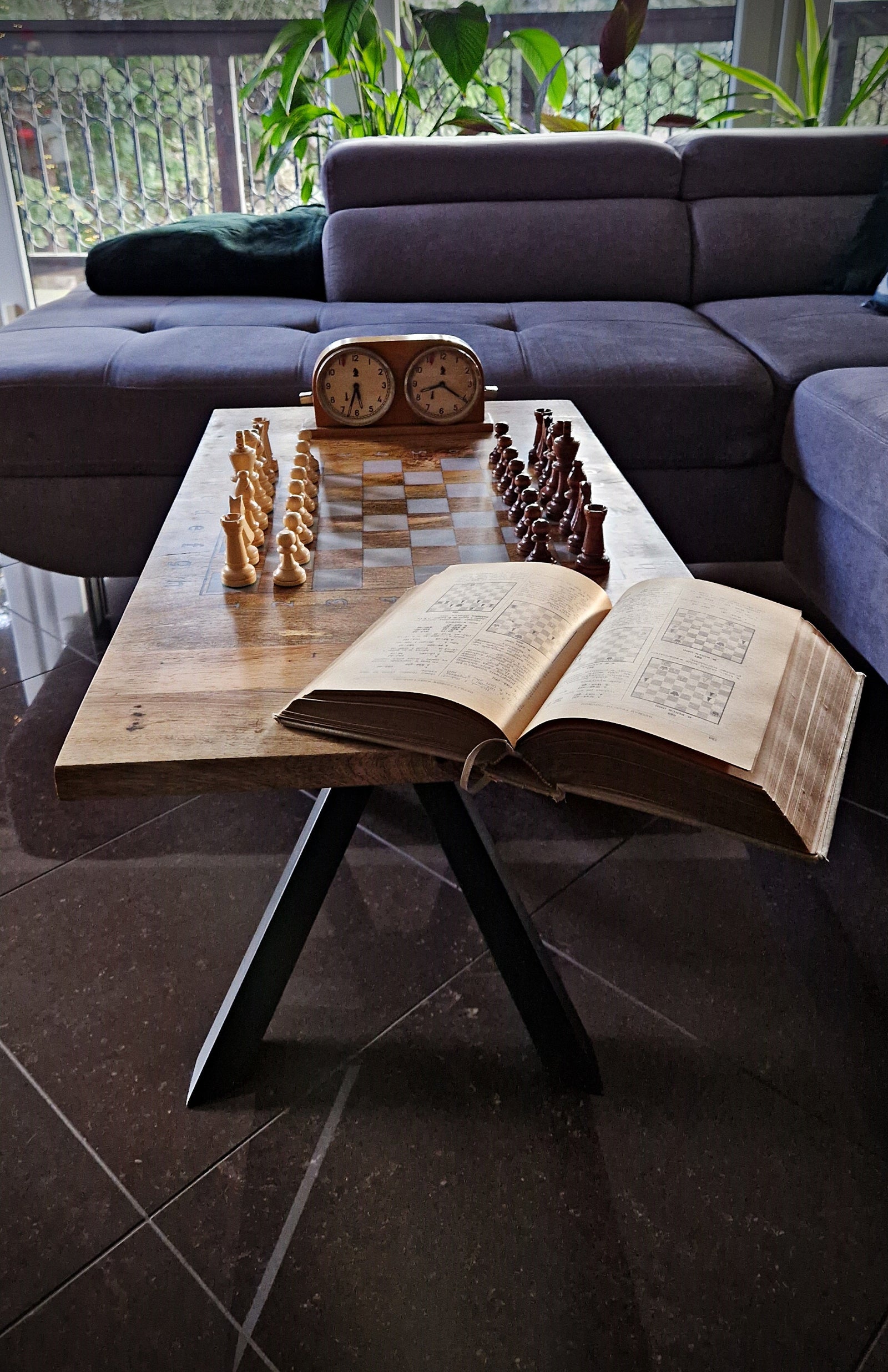 Mango small loft chess table with white epoxy  resin