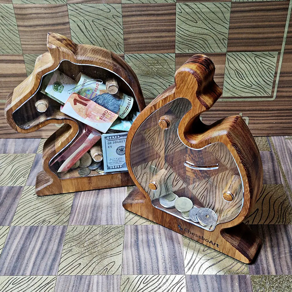 Chess wooden piggy banks - Bishop and Knight with money inside