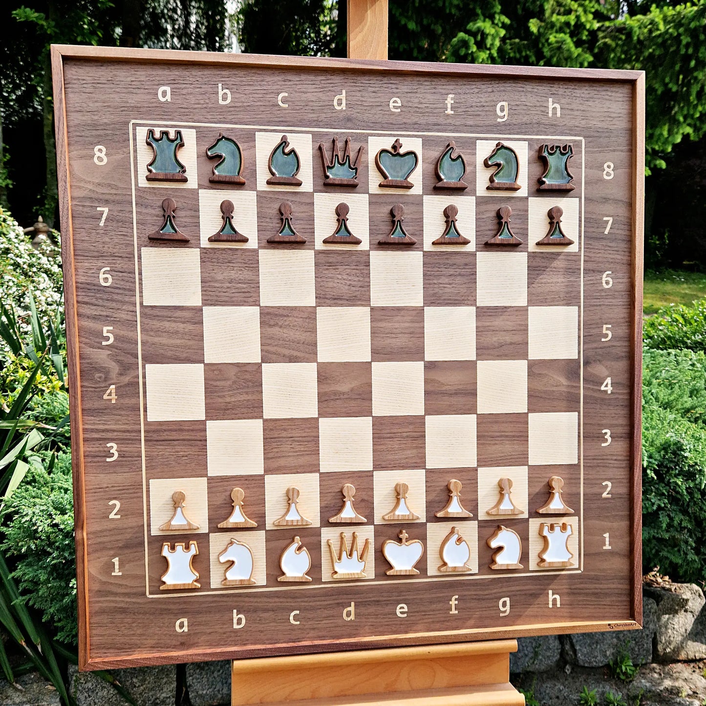 Art Chess board with pieces with TWO color epoxy filling