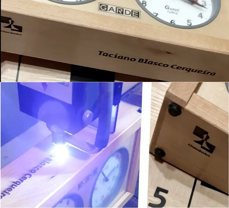 Personalized wooden chess clock — dedication engraving on the base