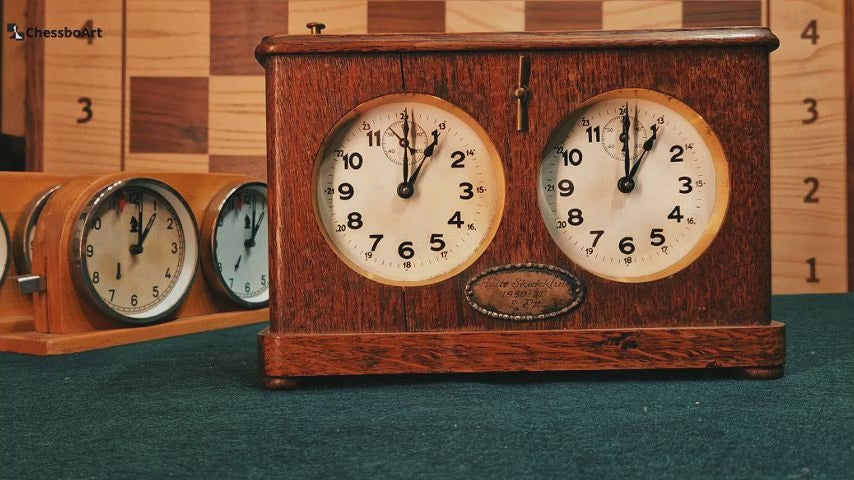 Video demonstration of the rare HAU chess clock showing the unique no-flag mechanism ticking and the condition of the wooden case.